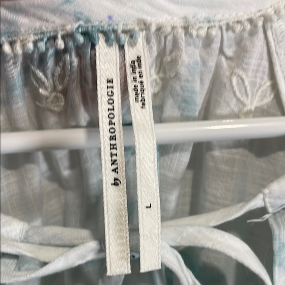 Anthropologie Tie Die Blue and White Flutter Embroidered Sleeve Blouse - Picture 3 of 12